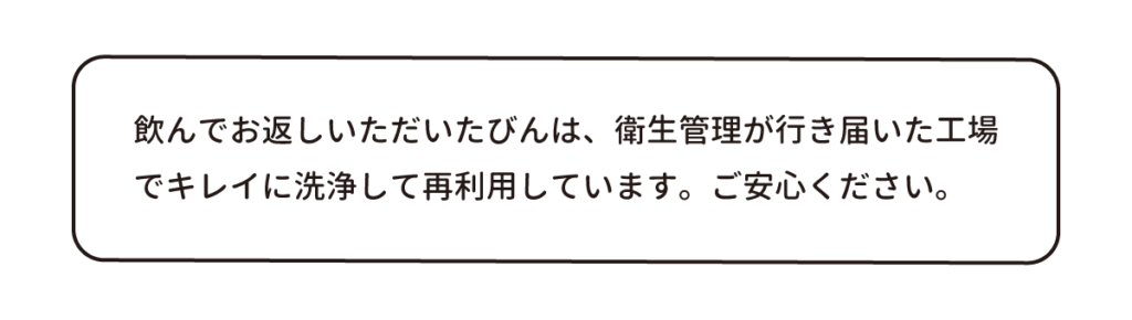 飲んでお返しいただいたびんは、衛生管理が行き届いた工場でキレイに洗浄して再利用しています。ご安心ください。